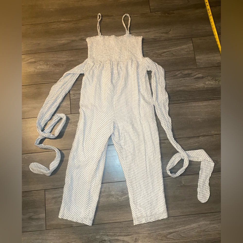 EUC Gauzy Smocked Maternity Polka Dot White Jumpsuit w/ Adjustable Wrap Detail